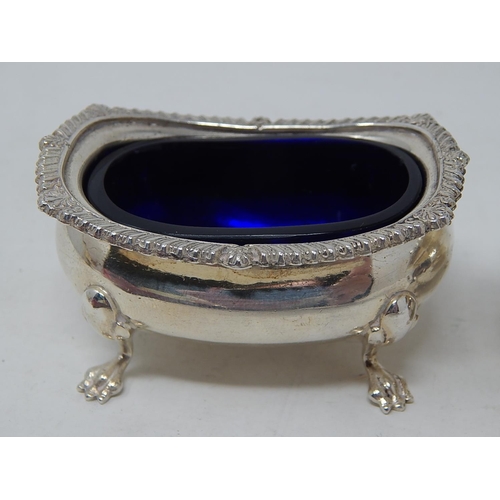 191 - Silver Mustard with Hinged Lid & Scroll Handle together with a Similar open salt: Both with Blue Gla... 