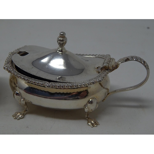 191 - Silver Mustard with Hinged Lid & Scroll Handle together with a Similar open salt: Both with Blue Gla... 