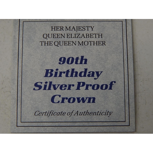 65 - Queen Elizabeth The Queen Mother 90th Birthday Silver Proof Crown in Case of Issue with C.O.A