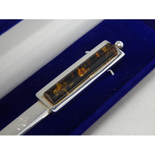 160 - Sterling silver .925 letter opener inset with an amber panel in fitted case