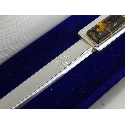 160 - Sterling silver .925 letter opener inset with an amber panel in fitted case