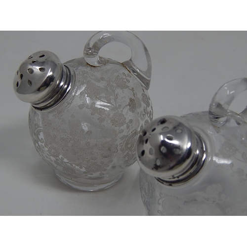 162 - Pair of sterling silver topped etched glass salts with ring handles