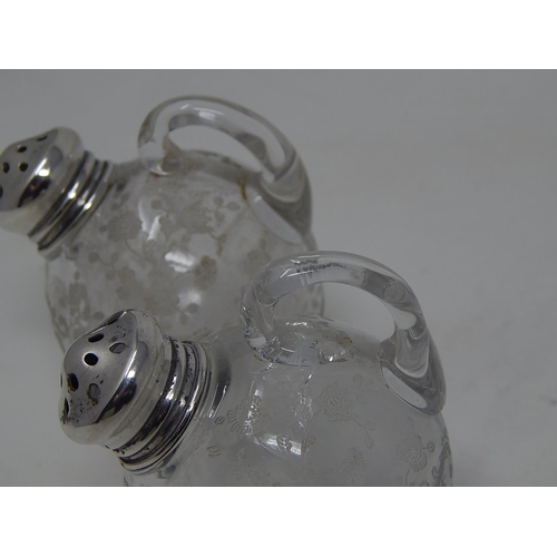 162 - Pair of sterling silver topped etched glass salts with ring handles