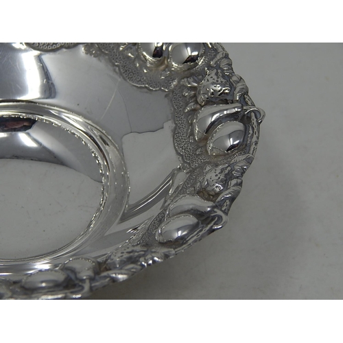 163 - 925 Sterling silver bon bon dish, embossed edge with fruit, 13cm diameter