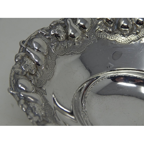 163 - 925 Sterling silver bon bon dish, embossed edge with fruit, 13cm diameter