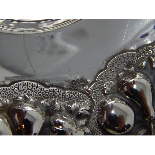 163 - 925 Sterling silver bon bon dish, embossed edge with fruit, 13cm diameter