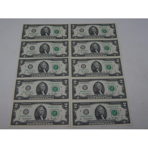 112 - USA Jefferson $2 Bills: Uncirculated Sequential Numbers. (10)