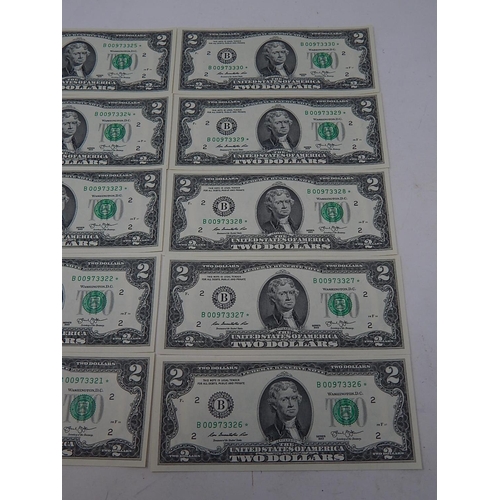 112 - USA Jefferson $2 Bills: Uncirculated Sequential Numbers. (10)