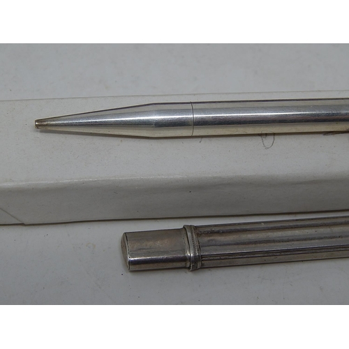 8 - Cased set of Silver Knife, Fork & Spoon (fork af); 2 x Vintage Silver pencils; pocket watch movement