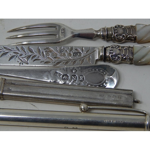 8 - Cased set of Silver Knife, Fork & Spoon (fork af); 2 x Vintage Silver pencils; pocket watch movement