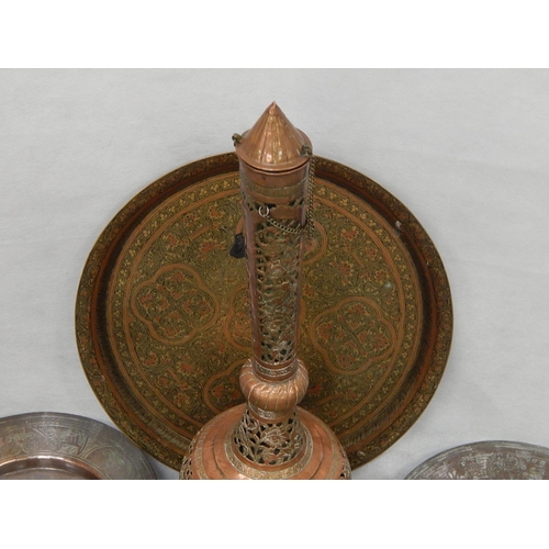 340 - Seventeen brass and tinned copper Indo-Persian dishes and bowls and an
incense burner H 67cm