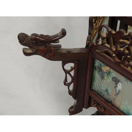 349 - Antique Chinese Hand Carved Rosewood Fretwork Frame with Hand Painted Glass Panels: 50cm high x 54cm... 