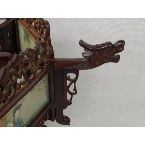 349 - Antique Chinese Hand Carved Rosewood Fretwork Frame with Hand Painted Glass Panels: 50cm high x 54cm... 