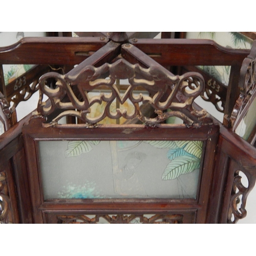 349 - Antique Chinese Hand Carved Rosewood Fretwork Frame with Hand Painted Glass Panels: 50cm high x 54cm... 