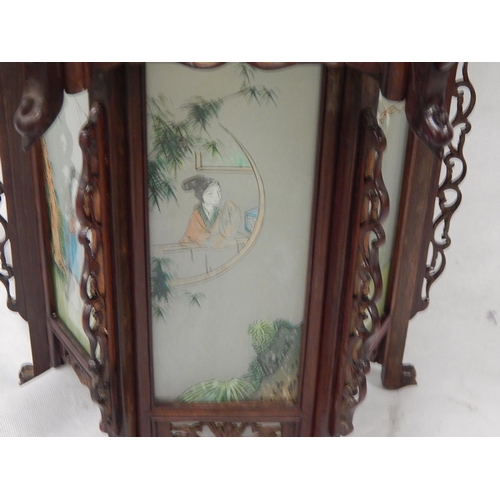 349 - Antique Chinese Hand Carved Rosewood Fretwork Frame with Hand Painted Glass Panels: 50cm high x 54cm... 