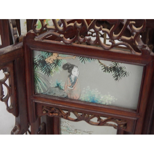 349 - Antique Chinese Hand Carved Rosewood Fretwork Frame with Hand Painted Glass Panels: 50cm high x 54cm... 