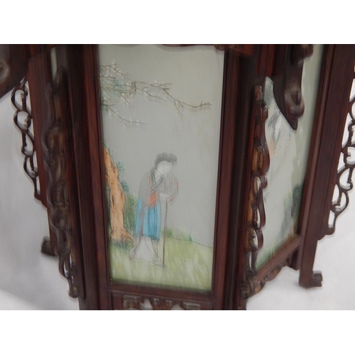 349 - Antique Chinese Hand Carved Rosewood Fretwork Frame with Hand Painted Glass Panels: 50cm high x 54cm... 