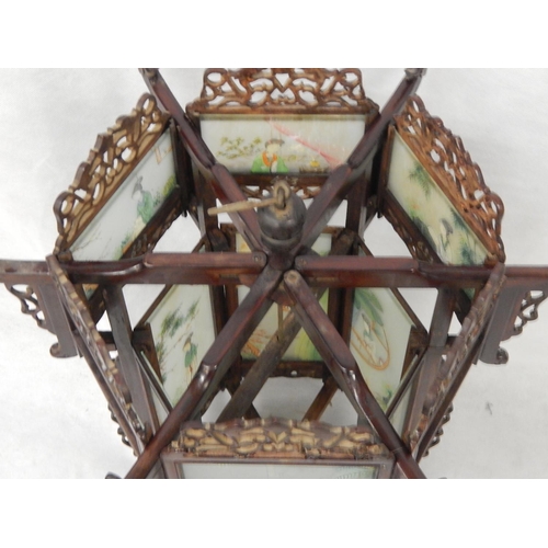 349 - Antique Chinese Hand Carved Rosewood Fretwork Frame with Hand Painted Glass Panels: 50cm high x 54cm... 