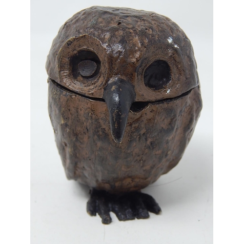 358 - Cold Painted Austrian Bronze Owl Inkwell with hinged head. Marked to base.