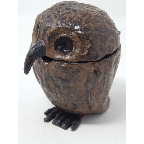 358 - Cold Painted Austrian Bronze Owl Inkwell with hinged head. Marked to base.