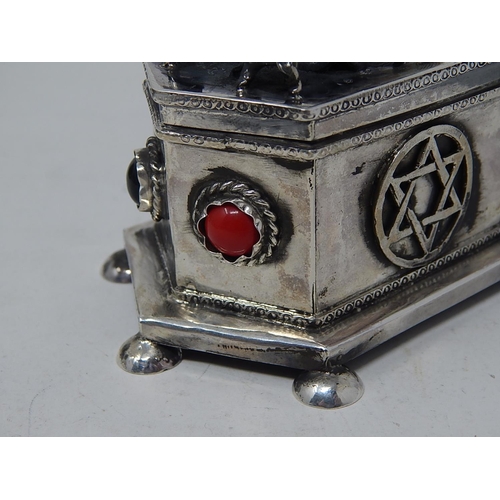 212B - Silver Pot Pouri Box Inset with Cabochons Sitting on Six Feet: The Pierced Top Mounted with Four Lio... 