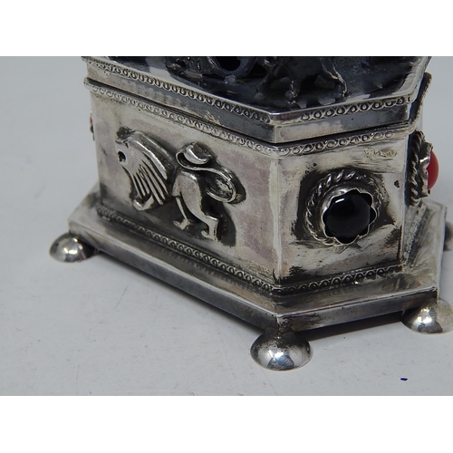 212B - Silver Pot Pouri Box Inset with Cabochons Sitting on Six Feet: The Pierced Top Mounted with Four Lio... 