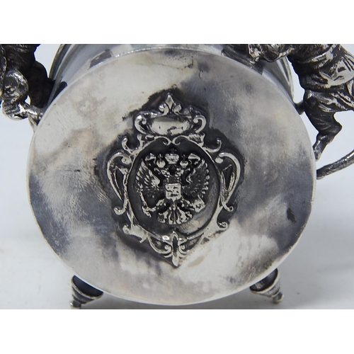 212C - Silver Cylindrical Vodka Flask Adorned with Two Cast Fighting Rats, The Side Panels with Amorials: S... 