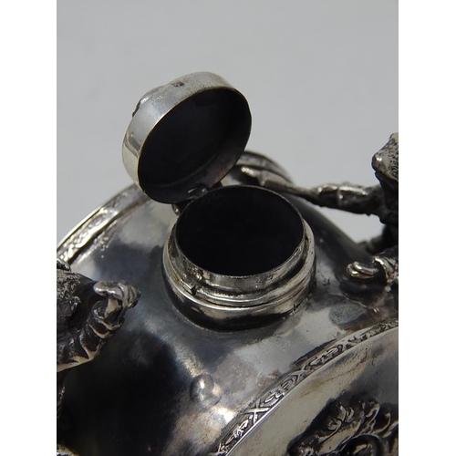 212C - Silver Cylindrical Vodka Flask Adorned with Two Cast Fighting Rats, The Side Panels with Amorials: S... 