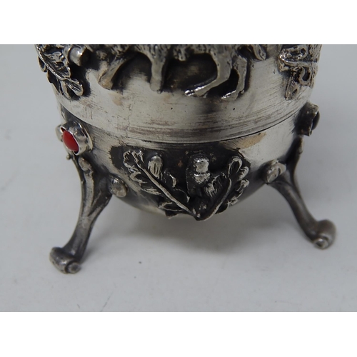 212D - Silver Egg Set with Cabochons, Crown Finial & Decorated with Panels of Wild Boar: The Lid Revealing ... 