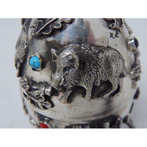 212D - Silver Egg Set with Cabochons, Crown Finial & Decorated with Panels of Wild Boar: The Lid Revealing ... 