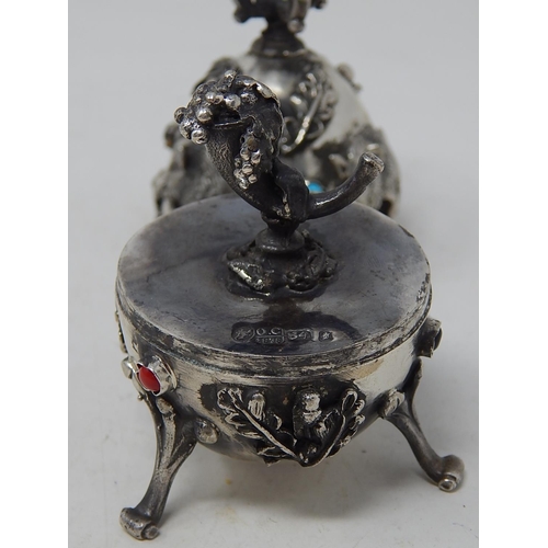 212D - Silver Egg Set with Cabochons, Crown Finial & Decorated with Panels of Wild Boar: The Lid Revealing ... 