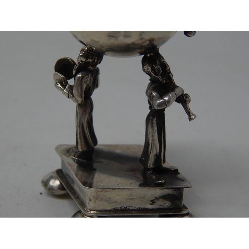 212J - Silver Spice Box with Hinged Top inset with a Cabochon Atop Two Cast Musicians Sitting on Four Feet:... 