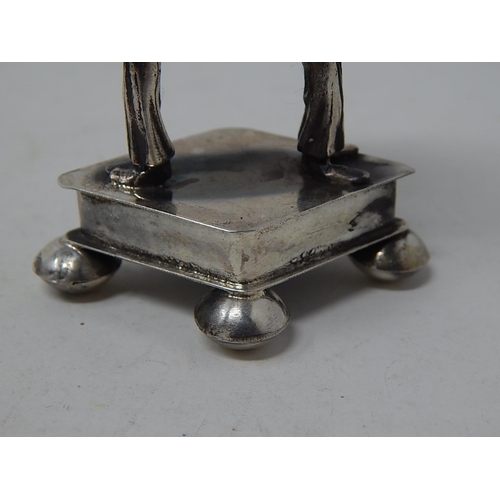 212J - Silver Spice Box with Hinged Top inset with a Cabochon Atop Two Cast Musicians Sitting on Four Feet:... 