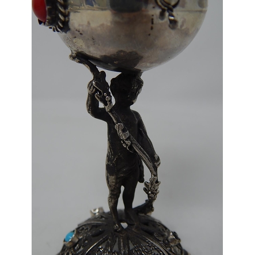 212K - Large Silver Spice Box with Figural Stem: The Hinged Top with Crown Finial and Inset with Cabochons:... 