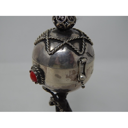 212K - Large Silver Spice Box with Figural Stem: The Hinged Top with Crown Finial and Inset with Cabochons:... 