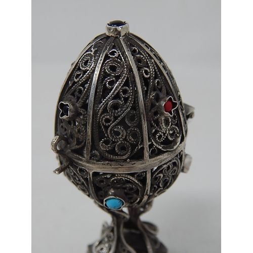 212L - Silver Pierced Egg Set with Cabochons: The Hinged Lid Revealing a Cast Lion: Marked 1873