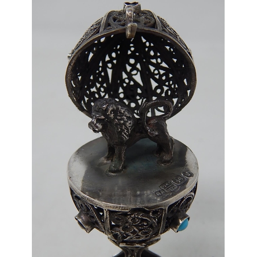 212L - Silver Pierced Egg Set with Cabochons: The Hinged Lid Revealing a Cast Lion: Marked 1873