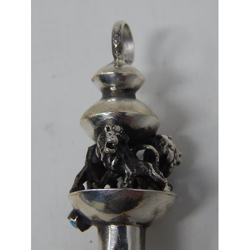 212M - Silver Torah Pointer with Lion Mounted Finial & Ringed Top: Set with a Turquoise Cabochon: Measuring... 