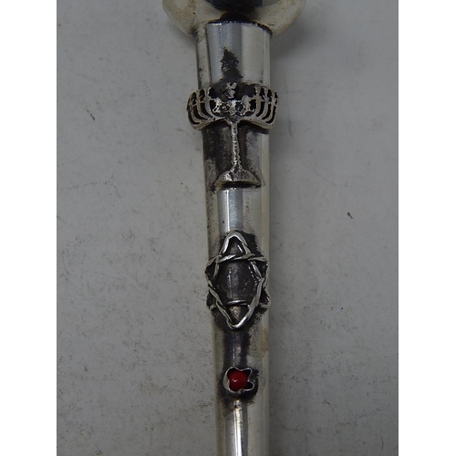 212N - Silver Torah Pointer with Cockeral Finial: Set with a Red Cabochon: Measuring 15cm: Marked 1878