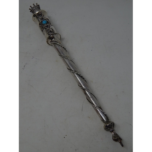 212Q - Large Silver Torah Pointer Set with a Turquoise Cabochon & Crown Finial: Measures 30.5cm: Marked 185... 