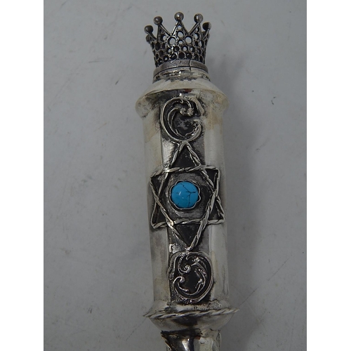 212Q - Large Silver Torah Pointer Set with a Turquoise Cabochon & Crown Finial: Measures 30.5cm: Marked 185... 