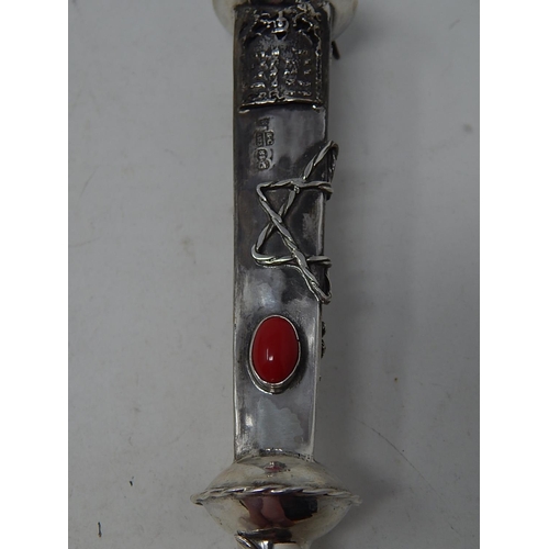 212S - Large Silver Torah Pointer Set with a Red Cabochon & Bird Finial: Measures 32.5cm: Marked 1873