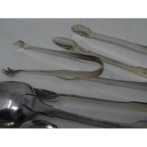 199A - Georgian & Later Hallmarked Silver Flatware Including Tablespoons, Tongs etc: Weight 280g