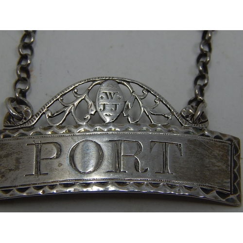 199B - Pair of 18th Century Silver Decanter Labels for Port & Claret c.1780: Makers Mark Only.