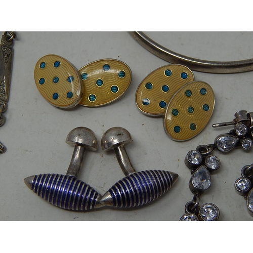 204B - Collection of Silver & Silver Mounted Jewellery Including Cufflinks, earrings, bangle & pearl neckla... 