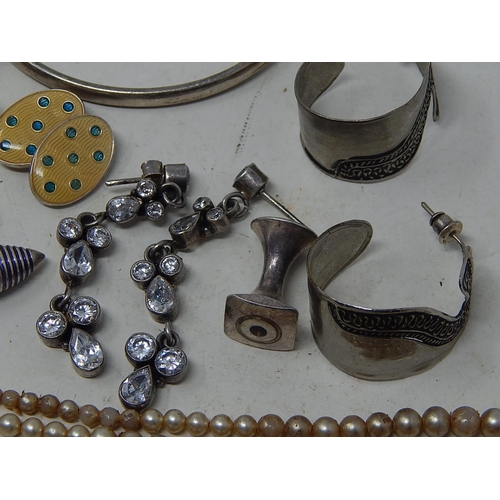 204B - Collection of Silver & Silver Mounted Jewellery Including Cufflinks, earrings, bangle & pearl neckla... 