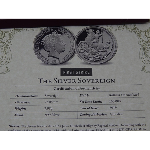 120L - Brilliant Uncirculated Silver Sovereign 2019 with COA in Case of Issue