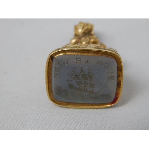 245A - Victorian Gold Fob Seal: The Seal Reverse Engraved with a Ship & The Motto 