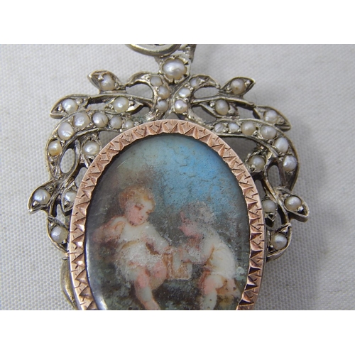 245D - Victorian Gold & Silver Mourning Locket: The Hand Painted Portrait Panel Depicting Two Cherubs withi... 