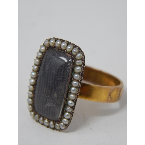 181 - Antique 9ct Gold Mourning Ring with Seed Pearl Border: Gross weight 4.6g